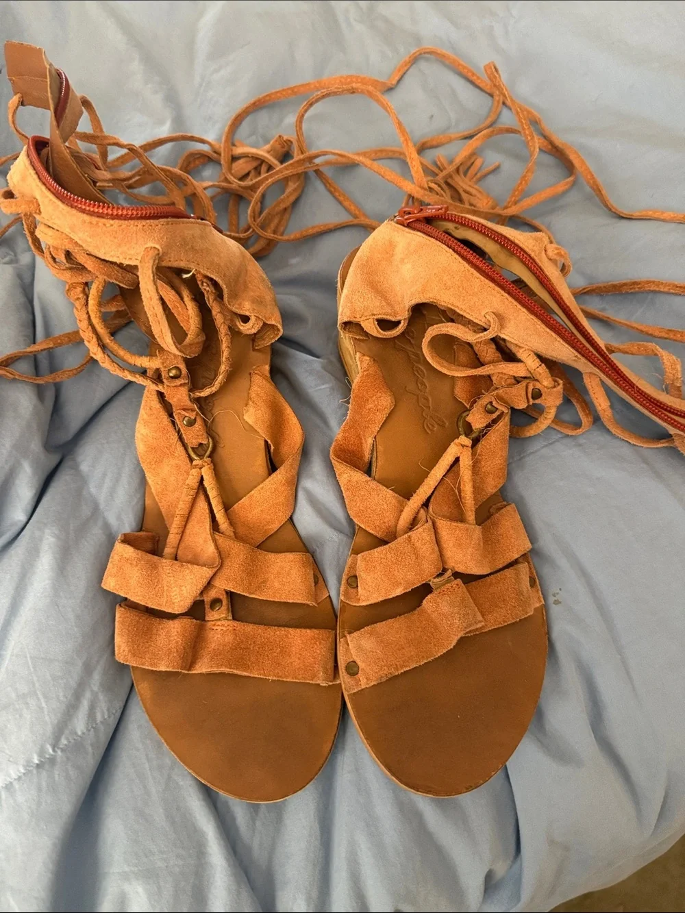 Free People Suede Lace-Up Gladiator Sandals - Tan Orange